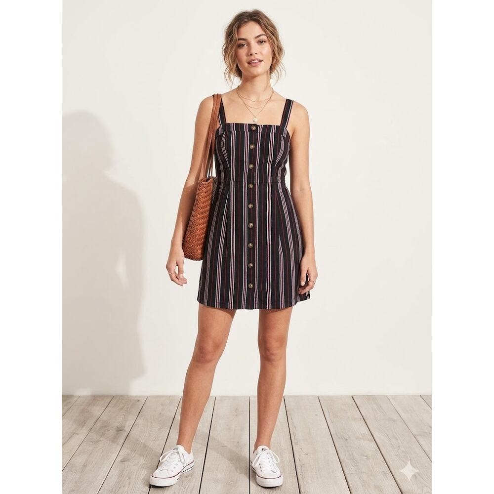 Y2K Hollister Button-Down Pinafore‎ Vertical Striped Mini Dress 90s Grunge S